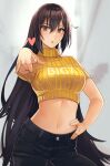  1girl :o alternate_costume black_hair black_pants blurry blurry_background breasts brown_hair clothes_writing cropped_sweater denim english_text hair_between_eyes hand_on_hip heart highres jeans kantai_collection kasumi_(skchkko) large_breasts long_hair looking_at_viewer midriff nagato_(kancolle) navel open_mouth outstretched_arm pants pointing pointing_at_viewer short_sleeves simple_background solo sweater turtleneck turtleneck_sweater yellow_sweater 