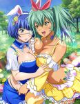  2girls :d animal_ears bangs blue_flower blue_hair blue_ribbon blue_skirt blue_sky blunt_bangs bob_cut bow bra breast_grab breast_press breasts choker cleavage collarbone day detached_collar detached_sleeves easter_egg egg eyepatch fake_animal_ears floating_hair flower frilled_skirt frills grabbing green_eyes green_hair hair_between_eyes hair_bow hair_flower hair_ornament hairband ikkitousen jewelry large_breasts layered_skirt layered_sleeves long_hair long_sleeves midriff miniskirt mole mole_under_mouth multiple_girls navel neck_ribbon open_mouth outdoors pendant pink_flower plaid plaid_skirt purple_flower rabbit_ears red_bow ribbon ryofu_housen ryomou_shimei shiny shiny_hair short_hair short_sleeves skirt sky smile sparkle stomach underwear white_hairband yellow_bra yellow_choker yellow_flower yellow_skirt yellow_sleeves yuri 