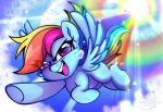  2020 blue_body blue_feathers digital_media_(artwork) equid equine feathered_wings feathers female feral flying friendship_is_magic hair hasbro hi_res hooves mammal multicolored_hair multicolored_tail my_little_pony open_mouth open_smile pegasus pink_eyes rainbow rainbow_dash_(mlp) rainbow_hair rainbow_tail signature sky smile solo spread_wings techycutie water water_drop wings 