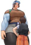  1boy 1girl absurdres arms_at_sides backpack bag baseball_cap blue_eyes breasts brown_hair eyewear_on_head hands_on_hips hat height_difference highres large_breasts light_smile long_sleeves musctonk muscular muscular_female pantyhose pokemon pokemon_(game) pokemon_sv ponytail shirt short_hair short_sleeves shorts tall_female very_short_hair 