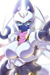  1girl absurdres aqua_eyes armor bangs black_bodysuit bodysuit boobplate breasts closed_mouth commentary covered_mouth cowboy_shot dianamon digimon digimon_(creature) gauntlets gerusyu hair_between_eyes helmet highres large_breasts looking_at_viewer mask pink_scarf scarf shoulder_armor solo white_armor 
