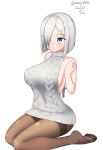  1girl absurdres backless_outfit breasts commentary_request grey_sweater halterneck hamakaze_(kancolle) highres kantai_collection kneeling large_breasts maru_(marg0613) meme_attire naked_sweater one-hour_drawing_challenge ribbed_sweater simple_background sleeveless sleeveless_sweater solo sweater turtleneck turtleneck_sweater virgin_killer_sweater white_background 