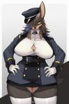  anthro belt big_breasts black_body black_fur black_hair black_nose blue_hair bottomwear breasts brown_body brown_fur canid canine canis choker clothed clothing curvy_figure cute_fangs dobermann domestic_dog female fur gloves hair hair_over_eye hands_on_hips handwear hat headgear headwear hi_res hourglass_figure huge_breasts jewelry kishibe legwear long_hair looking_at_viewer mammal military_cap military_uniform multicolored_body multicolored_fur multicolored_hair necklace one_eye_obstructed open_clothing open_shirt open_topwear pinscher police police_uniform portrait shirt skirt solo standing stockings thick_thighs thigh_highs three-quarter_portrait topwear two_tone_body two_tone_fur two_tone_hair unbuttoned_shirt uniform wide_hips yellow_eyes 