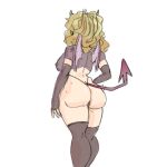  1girl ass blonde_hair breasts demon_costume demon_girl demon_horns demon_tail demon_wings horns huge_ass large_breasts lying mature_female mole mole_on_ass mole_on_body on_back original pantyhose see-through sketch skirt tail thick_thighs thighs w_bert0 white_background wings 