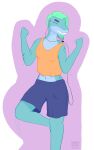  anthro artist_logo artist_name blue_body blue_bottomwear blue_clothing blue_shorts blue_skin bottomwear breasts cable clothing countershading crop_top dancing earbuds eyes_closed female green_hair hair hapromeen headphones listening_to_music logo midriff multicolored_body navel orange_clothing orange_shirt orange_topwear pastel reptile scalie shirt shorts simple_background smile snake solo spots spotted_body spotted_skin teeth topwear two_tone_body undercut 