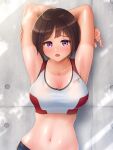  1girl absurdres against_wall armpits arms_up bangs blush breasts brown_hair cleavage collarbone hair_between_eyes highres large_breasts looking_at_viewer navel open_mouth original presenting_armpit purple_eyes see-through shi_zu_ne shiny shiny_hair short_hair sports_bra sportswear stomach sweat sweaty_clothes tan tanlines upper_body 