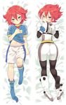  ass bed blush bodysuit child dakimakura footwear highres inazuma_eleven inazuma_eleven_(series) kiyama_hiroto looking_back lying maitou red_hair shorts shota skin_tight socks trap 