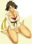  bad_id bad_pixiv_id barefoot belt black_hair blush bottomless breasts brown_eyes capcom cleavage covered_nipples dougi large_breasts makoto_(street_fighter) ribbon rirakukan short_hair sitting solo street_fighter street_fighter_iii_(series) thighs tomboy wariza 