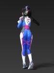  1girl 3d ass black_hair bodysuit breasts cameltoe d.va_(overwatch) from_behind head_gear looking_back overwatch small_breasts solo spacesuit spandex standing tagme weapon 