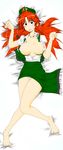  ahoge barefoot bed blush braid breasts breasts_apart dakimakura feet hair_ribbon hat highres hong_meiling large_breasts long_hair lying mitsuwo on_back open_clothes open_shirt panties red_eyes red_hair ribbon shirt skirt skirt_lift solo touhou twin_braids underwear white_panties 
