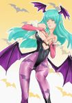  aqua_hair bare_shoulders bat_wings boots breasts bridal_gauntlets cleavage covering covering_breasts demon_girl elbow_gloves fingerless_gloves gloves head_wings highres large_breasts leotard long_hair morrigan_aensland pantyhose pointy_ears purple_legwear solo succubus vampire_(game) wings yamaishi_(mukoubuti) yellow_eyes 