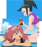  3girls :d ^_^ alternate_hair_length alternate_hairstyle arm_up azumaya_koyuki bangs beach_towel bikini black_bikini blue_hair breast_press breasts brown_hair casual_one-piece_swimsuit cleavage closed_eyes cloud dark_skin day hair_ornament halterneck happy hat high_ponytail hinata_natsumi holding keroro_gunsou leaning_forward lipstick long_hair looking_at_another looking_up lotion lying makeup male_swimwear multiple_boys multiple_girls ocean older on_stomach one-piece_swimsuit open_mouth orange_eyes outdoors pink_hair ponytail profile purple_bikini screencap shadow short_hair sidelocks sitting sky small_breasts smile sports_bikini standing stitched sunscreen swim_trunks swimsuit swimwear third-party_edit towel turtleneck water watermark wavy_hair 