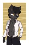  2018 aggie_(artist) anthro black_har canid canine canis clothed clothing digital_media_(artwork) fur grey_fur hair hand_in_pocket male mammal pants pecs shirt simple_background solo standing teeth wolf yellow_eyes 