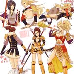  3girls armor belt blonde_hair breasts brown_eyes brown_hair ckmt cleavage female genderswap grin kiss long_hair lying maeda_keiji maeda_toshiie multiple_girls polearm sengoku_musou short_hair short_shorts shorts smile spear underboob vest weapon 