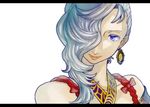  bare_shoulders blue_eyes earrings female gensou_suikoden gensou_suikoden_v hair_over_one_eye jewelry long_hair oumi sialeeds_falenas silver_hair simple_background solo suikoden suikoden_v white_background 