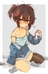  @_@ anger_vein asymmetrical_legwear bangs bare_shoulders beer_can blue_jacket blush brown_eyes brown_hair brown_legwear camisole can collarbone engawa_oishii eyebrows_visible_through_hair food_in_mouth grey_background hair_between_eyes highres holding holding_can jacket long_sleeves mouth_hold nose_blush off_shoulder original ponytail sharp_teeth short_hair single_thighhigh sitting sleeves_past_wrists solo strap_slip striped striped_camisole tears teeth thighhighs two-tone_background v-shaped_eyebrows white_background 