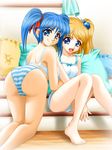 artist_request ass barefoot bent_over blonde_hair blue_eyes blue_hair bra camisole hair_bobbles hair_ornament hair_ribbon lingerie mio_sasuga multiple_girls panties pillow presia_zenoskis ribbon spaghetti_strap striped striped_panties super_robot_wars super_robot_wars_the_lord_of_elemental twintails underwear underwear_only 