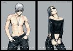  bare_chest bare_shoulders belly_button belt chain chains couple cuffs denim dog_tags dogtags eyepatch fashion grey_hair handcuffs jeans jewelry long_hair lowres murata_renji navel necklace original pants pose range_murata short_hair silver_eyes topless white_hair 