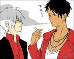  2boys black_hair capcom character_request cigarette dante dante_(dmc:_devil_may_cry) devil_may_cry dmc:_devil_may_cry jewelry male male_focus multiple_boys necklace og red_eyes smoking 