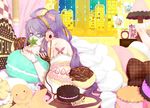  blue_eyes cake cookie food kamui_gakupo laying long_hair lying male male_focus purple_hair tattoo vocaloid 