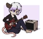  2018 aggie_(artist) amplifier anthro clothed clothing didelphid digital_media_(artwork) ear_piercing ear_ring english_text female fur guitar hair jacket mammal marsupial musical_instrument pants piercing playing_guitar playing_music purple_eyes shirt simple_background sitting solo teeth text white_hair 