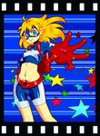  1girl backpack bag blonde_hair blue_eyes courtney_whitmore dc_comics domino_mask female gloves kikisuke_t long_hair mask midriff randoseru shorts skin_tight solo stargirl 