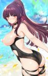  1girl ass backless_outfit backless_swimsuit beach black_bow black_choker black_swimsuit blush bow braid breasts breasts_outside choker day ero_waifu eyebrows_visible_through_hair frown girls_frontline hair_bow large_breasts long_hair looking_at_viewer looking_back nipples ocean one-piece_swimsuit outdoors petals ponytail purple_bow purple_hair red_eyes solo strapless strapless_swimsuit swimsuit swimsuit_pull thigh_strap wa2000_(girls_frontline) water_drop 