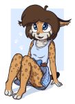  2018 aggie_(artist) anthro blue_eyes bow brown_hair clothed clothing digital_media_(artwork) dress felid feline female footprint fur hair lynx mammal open_mouth orange_fur panties pawprint simple_background sitting smile solo spots spotted_fur underwear young 