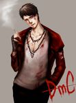  black_hair blood bruise capcom cigarette dante dante_(dmc:_devil_may_cry) devil_may_cry dmc:_devil_may_cry injury jewelry male male_focus necklace red_eyes scar smoking 