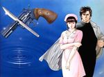  80&#039;s 80's 80s black_hair blouse brown_eyes circle circles city_hunter coat extended_little_finger glare glaring gun hat houjou_tsukasa iwai_yoshimi lancet looking_at_viewer nurse nurse_cap oldschool python_.357_magnum saeba_ryou short_hair simple_background smirk spiked_hair standing water_drop weapon 