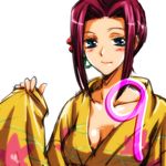  blue_eyes blush breasts cleavage code_geass eikichi_(hp001) elb female japanese_clothes kallen_stadtfeld kimono long_hair lowres red_hair solo white_background 