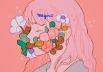  1girl artist_name bangs eyelashes eyes_closed flower grey_shirt in_mouth leaf long_hair meyoco original pink_background pink_flower pink_hair plant portrait shirt simple_background solo sparkle white_flower 