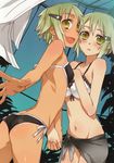  2girls bikini blush breasts bunbun foreshortening green_eyes green_hair hand_holding hands multiple_girls navel open_mouth original short_hair side-tie_bikini small_breasts smile swimsuit tan 