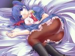  artist_request ass badge bed blue_eyes blue_hair boots coat hair_ribbon lying mio_sasuga necktie open_clothes open_coat panties panties_under_pantyhose pantyhose petticoat ribbon solo striped striped_panties super_robot_wars super_robot_wars_the_lord_of_elemental twintails underwear 