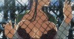  against_fence bra breast_press breasts busujima_saeko chain-link_fence cleavage fence highschool_of_the_dead large_breasts lingerie long_hair purple_hair school_uniform screencap solo underwear 