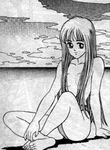  beach dragon_quest dragon_quest_dai_no_daibouken inada_kouji lowres monochrome princess_leona sanjo_riku topless 