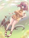  armband armlet blue_eyes bracelet breasts dragon female final_fantasy final_fantasy_v full_body halter_top halterneck hands_on_hips highres huge_breasts jewelry lenna_charlotte_tycoon lots_of_jewelry mimi5627 nature outdoors pink_hair sandals short_hair sideboob sky solo 