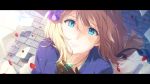  artist_request bangs blonde_hair blue_eyes blue_sweater brooch brown_gloves closed_mouth cobblestone envelope eyebrows_visible_through_hair flower from_above gloves hair_between_eyes hair_flower hair_ornament jewelry letter long_hair looking_up necklace pink_lips road skirt smile street sweater violet_(flower) violet_evergarden violet_evergarden_(character) white_skirt 