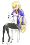  1girl arc_system_works blazblue blazblue:_calamity_trigger blonde_hair chair female full_body genderswap glasses green_eyes highres jin_kisaragi kisaragi_jin long_hair pantyhose paper rararando school_uniform simple_background sitting solo uniform white_background 