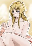  artist_request aya_brea blanket blonde_hair blue_eyes breasts cleavage heart large_breasts long_hair naked_sheet nude parasite_eve solo 