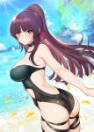  1girl ass backless_outfit backless_swimsuit beach black_bow black_choker black_swimsuit blush bow braid breasts choker day ero_waifu eyebrows_visible_through_hair frown girls_frontline hair_bow large_breasts long_hair looking_at_viewer looking_back ocean one-piece_swimsuit outdoors petals ponytail purple_bow purple_hair red_eyes solo strapless strapless_swimsuit swimsuit thigh_strap wa2000_(girls_frontline) water_drop 
