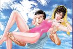  80&#039;s 80's 80s arms_up breasts brown_eyes brown_hair city_hunter cloud clouds hand_over_eye highres holding houjou_tsukasa large_breasts legs_crossed lifting looking_at_viewer makimura_kaori muscle ocean oldschool one-piece_swimsuit palm_tree pink_swimsuit rolled_up_sleeves saeba_ryou sea shirt short_hair sitting sky sleeves_rolled_up smile spiked_hair sweatdrop swimsuit towel tree wet wet_hair 