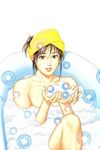  absurdres bathing bathtub brown_eyes brown_hair bubble bubbles family_compo highres houjou_tsukasa knee_up long_hair looking_at_viewer mousse nude simple_background smile tied_hair towel wakanae_shion 