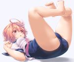  1girl blouse blue_sailor_collar blue_swimsuit blush breasts dd_(ijigendd) grey_background hair_ornament highres i-58_(kantai_collection) kantai_collection legs_together legs_up light_brown_hair lying neckerchief necktie one-piece_swimsuit open_mouth pink_eyes pink_hair pink_neckwear red_eyes sailor_collar school_swimsuit school_uniform serafuku shadow short_hair short_sleeves simple_background small_breasts solo swimsuit swimsuit_under_clothes white_blouse 