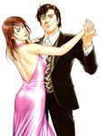  angel_heart arms_up bare_back bare_shoulder bare_shoulders brown_eyes brown_hair city_hunter dancing dress holding houjou_tsukasa li_xiang-ying long_hair looking_at_viewer looking_back necktie nude_back pink_dress saeba_ryou short_hair smile standing teeth tie tuxedo 