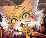  2016 blush claws cross_pupils crying dagasi digimon digimon_(species) digital_media_(artwork) female fur green_eyes hi_res male mammal meicoomon neck_tuft open_mouth orange_fur simple_background solo tears tuft 