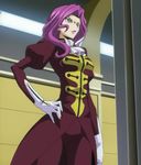  breasts cap code_geass cornelia_li_britannia female hand_on_hip hips indoors long_hair purple_hair screencap solo 