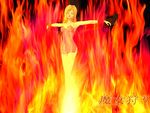  1girl blonde_hair burn burning burning_at_the_stake cross crucifixion death denev_rove die eyes_closed fire guro horror long_hair pain short_dress solo witch 