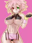  1girl arc_system_works blazblue breasts female fingerless_gloves genderswap gloves green_eyes heterochromia midriff pink_hair ragna_the_bloodedge red_eyes short_hair simple_background solo underboob yukichi_(pixiv338887) 