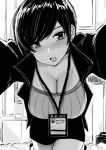  1girl absurdres black_jacket blush breasts cleavage commentary earrings greyscale highres id_card jacket jewelry lanyard large_breasts looking_at_viewer monochrome norman_maggot olive_laurentia original pencil_skirt pixie_cut reaching_out short_hair skirt solo sweat 